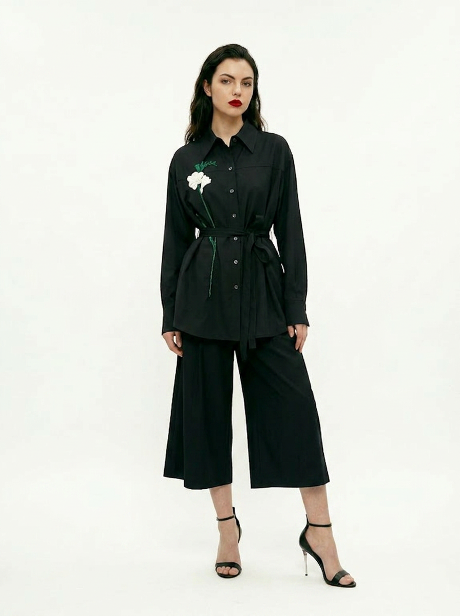 Gabrielle Shirt with Freesia Embroidery in Noir — Patrick McDowell Resort 2027, Look 12