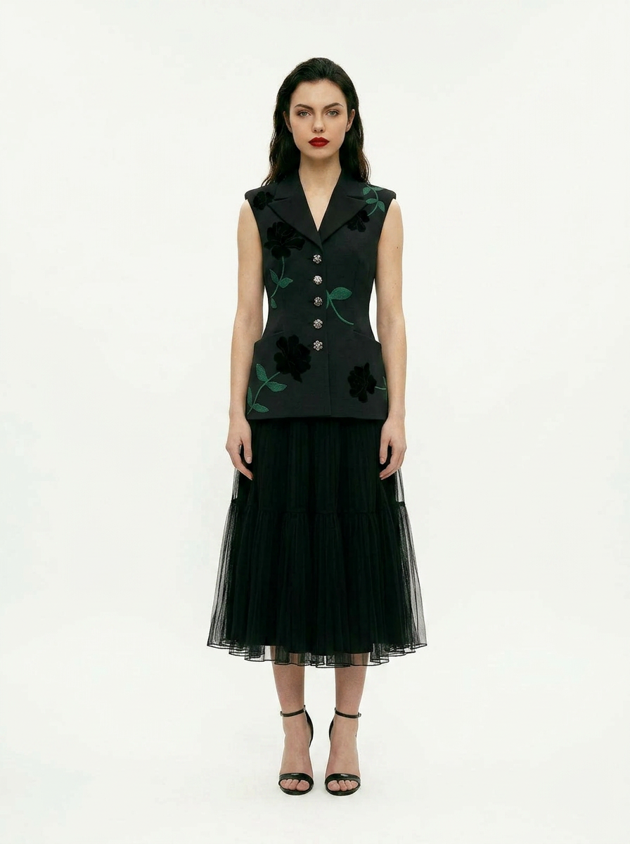 Charlotte Jacket with Embroidered Velvet Roses in Noir — Patrick McDowell Resort 2027, Look 11